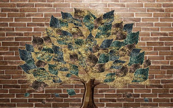 درخت رنگارنگ در پس زمینه آجر دیواری قهوه ای برای دکور دیوار کاغذ دیواری سه بعدی دیواری