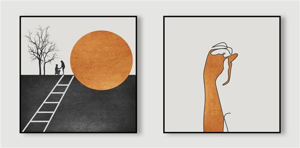 نقاشی دیواری انتزاعی مجموعه نارنجی برای هنر زوج ماه خورشید جلد چاپ پس زمینه آبرنگ کشیده شده با دست خلاقانه و رنگارنگ