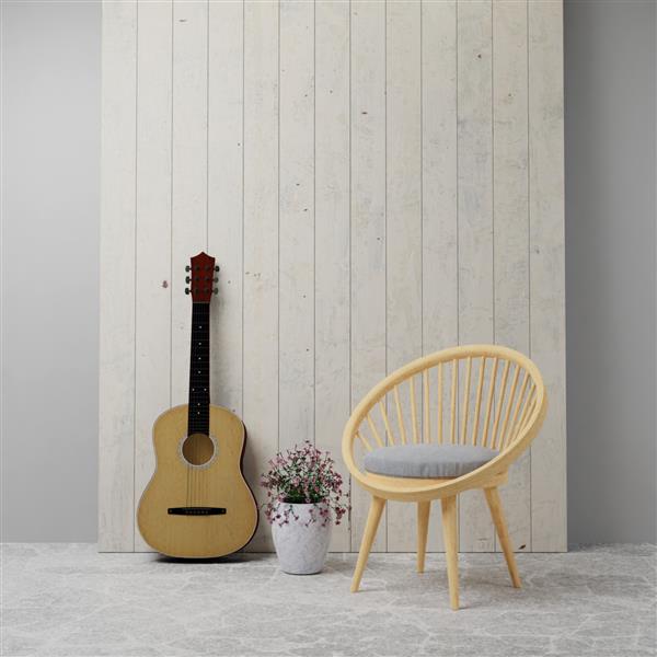رندر سه بعدی صندلی چوبی در اتاق نشیمن با گیتار