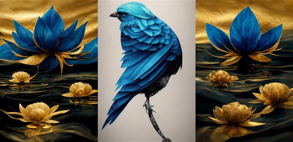 طراحی سه بعدی گل و پرنده طلایی و آبی هنر بوم برای پوستر هنر دیوار