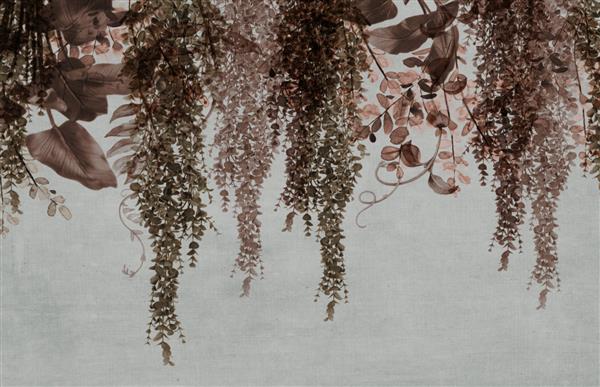 کاغذ دیواری سه بعدی مدرن شاخه های گل و برگ در پس زمینه نقاشی خاکستری