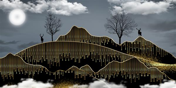 کاغذ دیواری سه بعدی دیواری هنر مدرن منظره شب با پس زمینه تیره کوه ها و ماه سیاه درختان آهوها و خطوط طلایی
