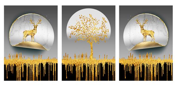 هنر دیجیتال سه بعدی برای دکوراسیون منزل آهو و درخت طلایی در زمینه خاکستری مشکی خطوط تزئینی طلایی و دایره های نقطه