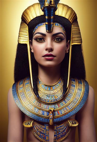 یک شخص خیالی نه بر اساس یک شخص واقعی فرعون زیبای جوان مصری با موهای زیبا تاج طلایی پوشیدن لباس های زیبا و جواهرات رندر سه بعدی تصویرسازی سه بعدی