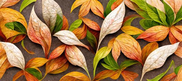الگوی برگ های پاییزی با برگ های عجیب و غریب در زمینه سفید رندر سه بعدی