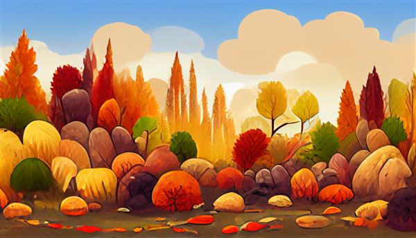 تصویر پس زمینه پاییز پس زمینه پاییز رنگ برگ های پاییزی کارتون و نقاشی حومه شهر جنگل و مزارع در پاییز عالی به عنوان تصویر پس زمینه برای وب سایت یا پروژه هنری شما