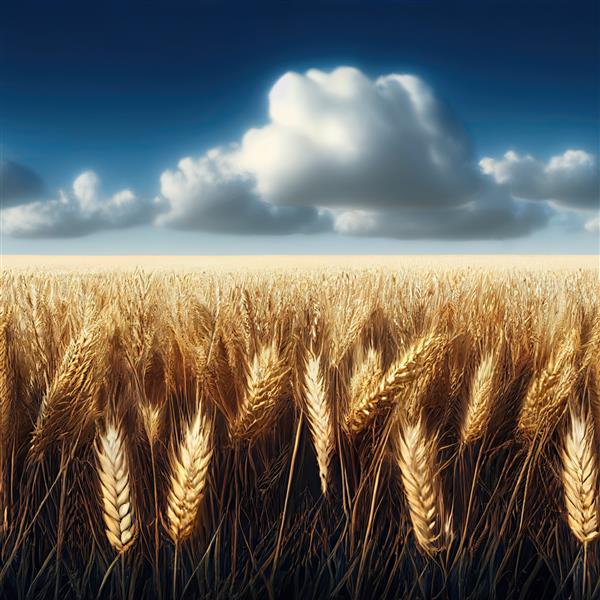 مزرعه خوشه گندم و بالای آسمان آبی با ابرهایی که پرچم اوکراین را نشان می‌دهند خوشه گندم برای پس زمینه بافت بدون درز تصویر سه بعدی و قالب کاشی بی پایان