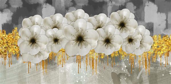 طراحی سه بعدی دکور دیوار هنر دیجیتال با گل اشکال طلایی و خاکستری برای دکور بوم دیوار