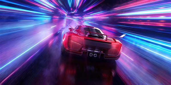 ماشین اسپرت قرمز در بزرگراه نئون شتاب قدرتمند یک سوپراسپرت در مسیر شب با چراغ ها و مسیرهای رنگارنگ تصویر سه بعدی