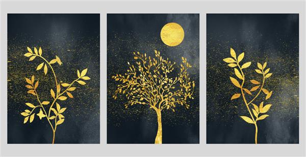 هنر پوستر قاب دیواری درخت طلایی ماه نقطه و شاخه در پس زمینه سیاه آثار هنری سه بعدی