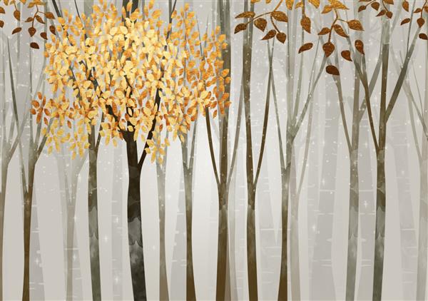 کاغذ دیواری دیواری سه بعدی درختان قهوه ای در برف زمستانی و برگ های طلایی پس زمینه صاف مدرن و ساده