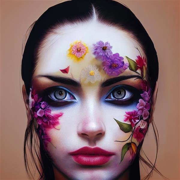 یک ایومن بیش از حد واقع بین با چهره زیبایش که از گل ها نقاشی شده است