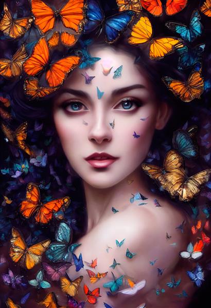 پرتره رنگارنگ انتزاعی از یک دختر زیبا با پروانه ها زن ناز شیک پوش دختر زیبای خلاق رندر سه بعدی تصویرسازی سه بعدی
