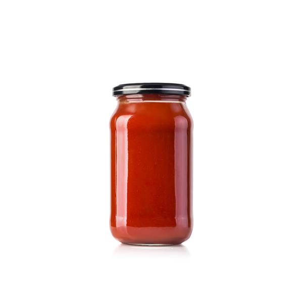 سس گوجه فرنگی یک شیشه کچاپ گوجه فرنگی الگوی ماکت شیشه سس گوجه فرنگی پس زمینه سفید شی ایزوله