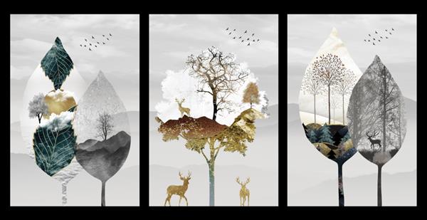هنر دیوار بوم منظره برگ ها درختان گوزن های طلایی و پرندگان در زمینه خاکستری روشن هنر دیجیتال سه بعدی