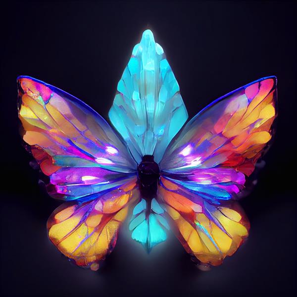 پروانه کریستالی رنگارنگ جادویی در اتاق تاریک تصویرسازی با کیفیت بالا