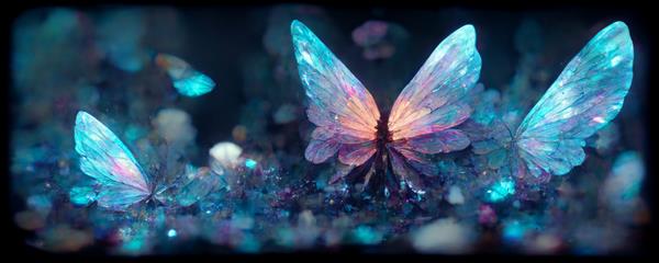 بال‌های پری بزرگ و زیبا و خیره‌کننده پروانه‌ای شیشه‌ای کریستالی فانتزی بر روی یک سنگ آبی روشن می‌نشیند حشره بر طبیعت سایه افکنده است حشره زوایای هندسی زیادی دارد رندر سه بعدی