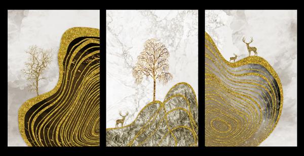 کاغذ دیواری انتزاعی سه بعدی برای قاب های دیوار بوم هنر مرمر هنر کاربردی مانند نقاشی ژئود آبرنگ دایره های چرخشی با آهوها و درختان طلایی