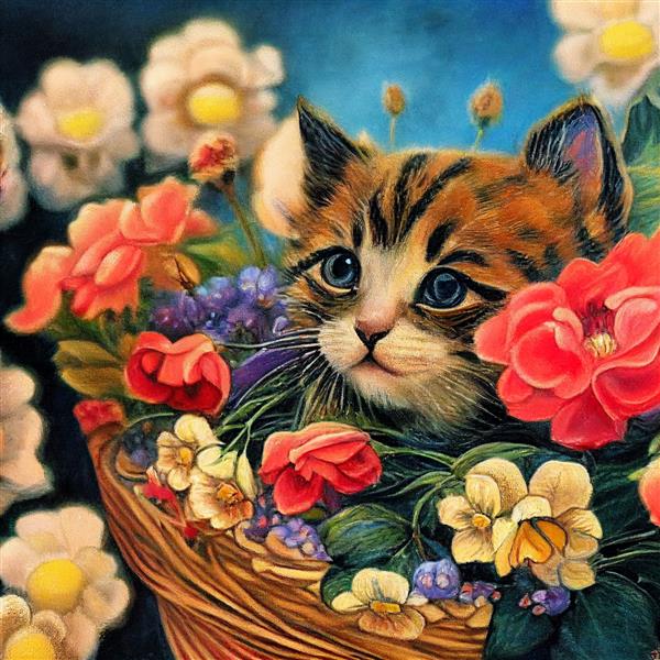 بچه گربه روی سبد احاطه شده توسط گل به سبک نقاشی
