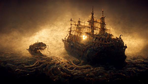بالای آب یک گالیون بزرگ اسپانیایی پر از گنج است در زیر آب یک هیولای بزرگ Cthulhu با شاخک هایی که به سمت کشتی دراز شده است