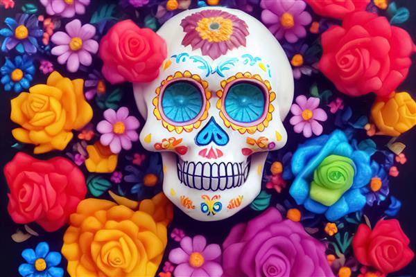 Calavera سنتی واقع گرایانه جمجمه قند تزئین شده با گل روز مردگان پس زمینه جشن Dia de los Muertos تصویرسازی سه بعدی
