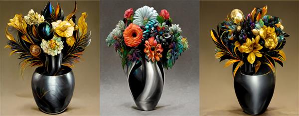 گلدان سه بعدی مشکی طلایی و نقره ای و دسته گل های رنگارنگ طراحی هنر دیجیتال برای دکور دیوار