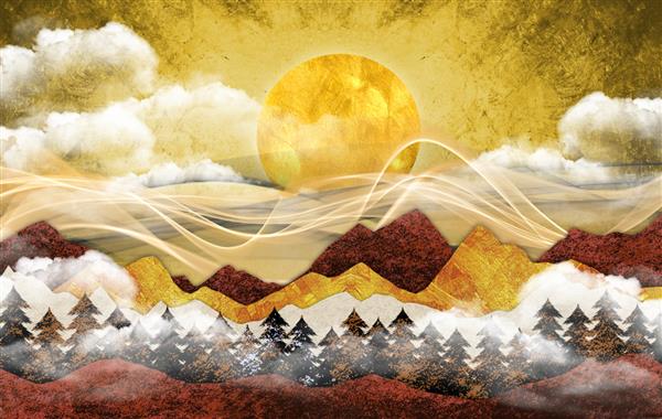 منظره ای با سنگ مرمر کوه های قرمز و طلایی درختان ابرها و خورشید برای دکور دیوار قاب دیواری سه بعدی هنر مدرن