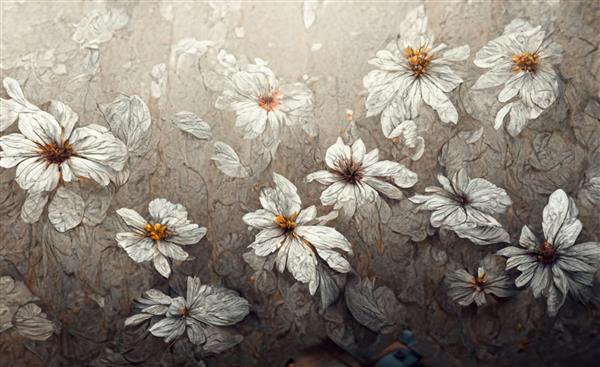 تصویر زمینه سه بعدی دیواری گل سفید در پس زمینه نقاشی