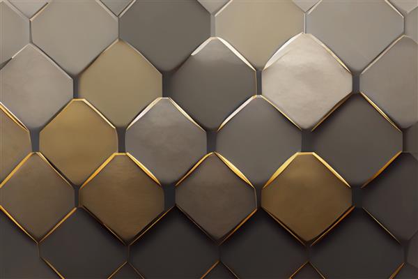 پانل های خاکستری سه بعدی با عناصر تزئینی طلایی ماژول های هندسی سایه دار و براق رندر سه بعدی بافت طرح بدون درز