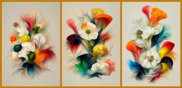 گلهای درخشان بهاری مجموعه ای از سه نقاشی آبرنگ چند رنگ در رنگ های روشن دسته گل های سورئال