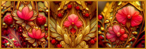 گل های قرمز با قاب طلایی در سبک آرت نو مجموعه ای از سه تصویر رندر سه بعدی