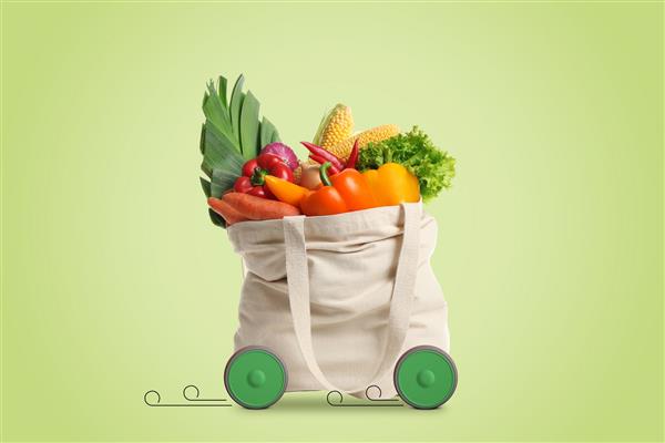 کیسه خرید پر از محصولات روی چرخ در پس زمینه سبز روشن سفارش با عجله به مشتری خدمات تحویل غذا
