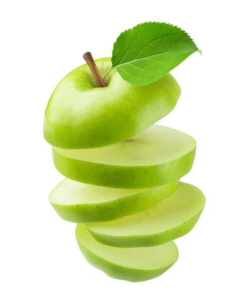 اپل منزوی شده است سیب سبز تازه رسیده تکه تکه شده در حال پرواز جدا شده در پس زمینه سفید
