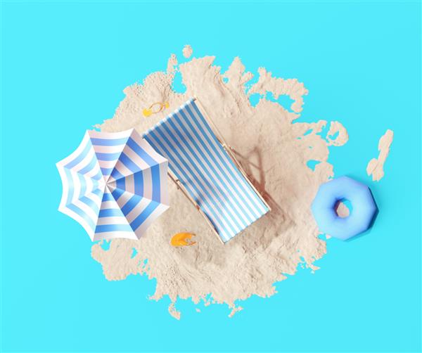 چتر و صندلی ساحل حلقه بادی روی ماسه ساحل با پس زمینه آبی مفهوم تعطیلات تابستانی رندر سه بعدی
