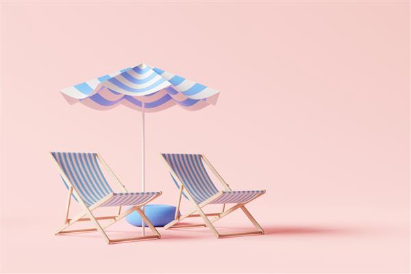 چتر ساحل با صندلی در پس زمینه صورتی مفهوم تعطیلات تابستانی رندر سه بعدی