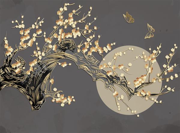 تصویر سه بعدی پس زمینه تیره درخت طلایی برجسته با گل پروانه های طلایی