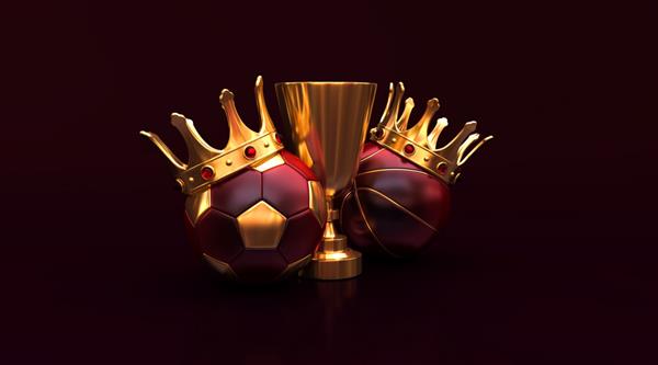 بنر جایزه ورزش پادشاه تاج توپ فوتبال فوتبال بسکتبال طلا رندر سه بعدی تصویر رندر سه بعدی