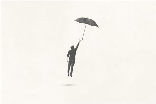 تصویری از مردی که سعی می کند با چتر پرواز کند مفهوم مینیمال سورئال
