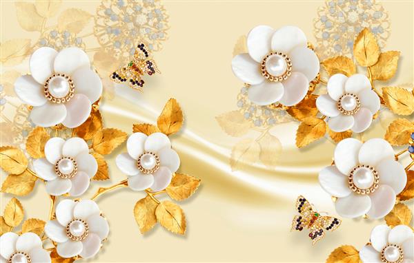 کاغذ دیواری گل سفید جواهرات سه بعدی طلا و پس زمینه بافت ساتن پروانه