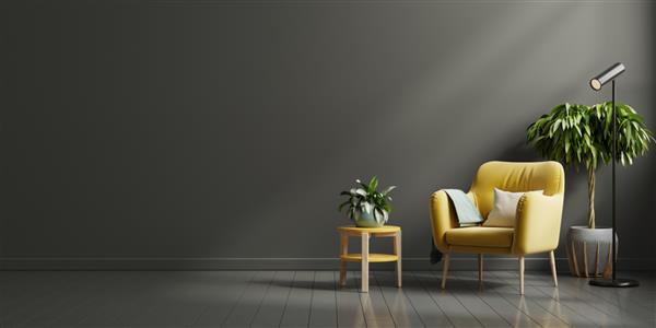 ماکت دیوار داخلی در رنگ های تیره با صندلی راحتی زرد روی پس زمینه دیوار مشکی رندر سه بعدی