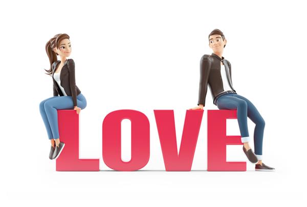 زوج کارتونی سه بعدی که روی کلمه عشق نشسته اند تصویر جدا شده در پس زمینه سفید