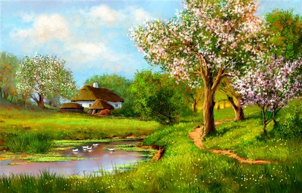 منظره بهاری با درخت خانه قدیمی در یک چمنزار نقاشی رنگ روغن منظره روستایی منظره زیبا به سبک قدیمی یک خانه روستایی قدیمی یک باغ گلدار یک حوض کوچک با اردک