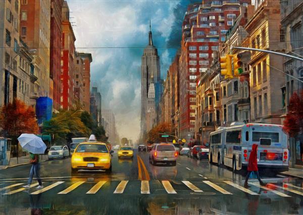 نقاشی رنگ روغن روی بوم نمای خیابان نیویورک زن زیر چتر تاکسی زرد آثار هنری مدرن شهر آمریکایی تصویر نیویورک مجموعه هنرمندان برای دکوراسیون و داخلی