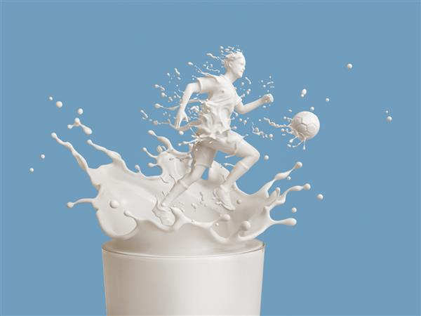 پاشیدن شیر سفید به شکل فوتبالیست توپ را روی شیشه شیر لگد می زند تصویر سه بعدی