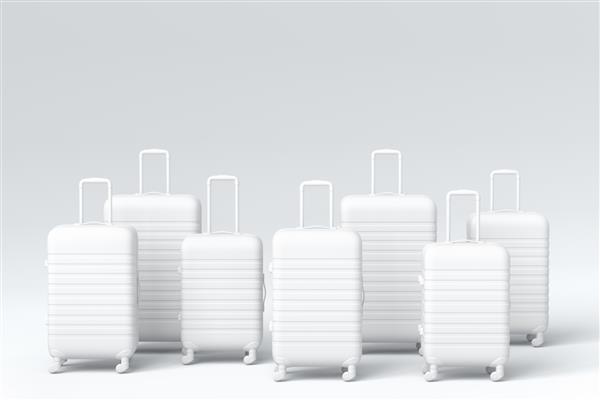 چمدان یا چمدان رنگارنگ در زمینه تک رنگ سفید رندر سه بعدی از مفهوم تعطیلات تابستانی و تعطیلات