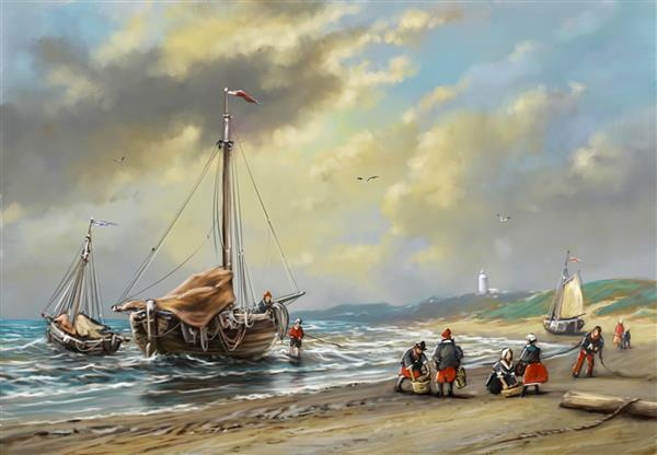 نقاشی دیجیتالی رنگ روغن منظره دریا قایق ها در بندر قایق های ماهیگیری در ساحل
