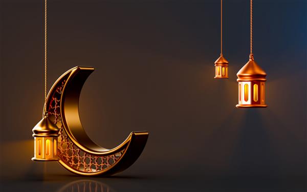 نماد فانوس طلایی ماه سیاه درخشان با پس‌زمینه تیره مفهوم رندر سه بعدی برای مسلمانان رمضان