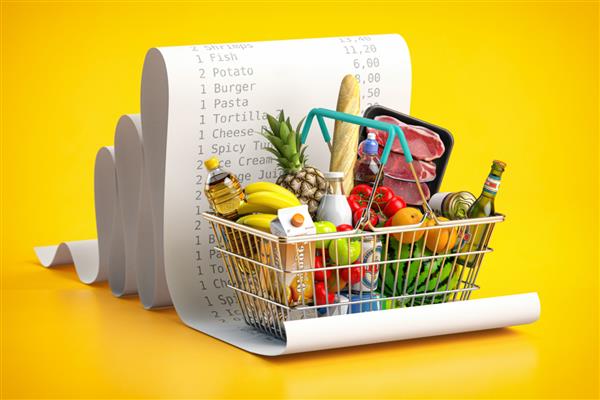 سبد خرید با مواد غذایی در رسید بودجه هزینه های مواد غذایی تورم و مفهوم مصرف گرایی تصویر سه بعدی