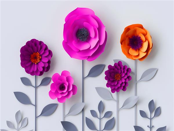 تصویر سه بعدی پس زمینه ساده با گل های کوچک و بزرگ با برگ برای تزئین
