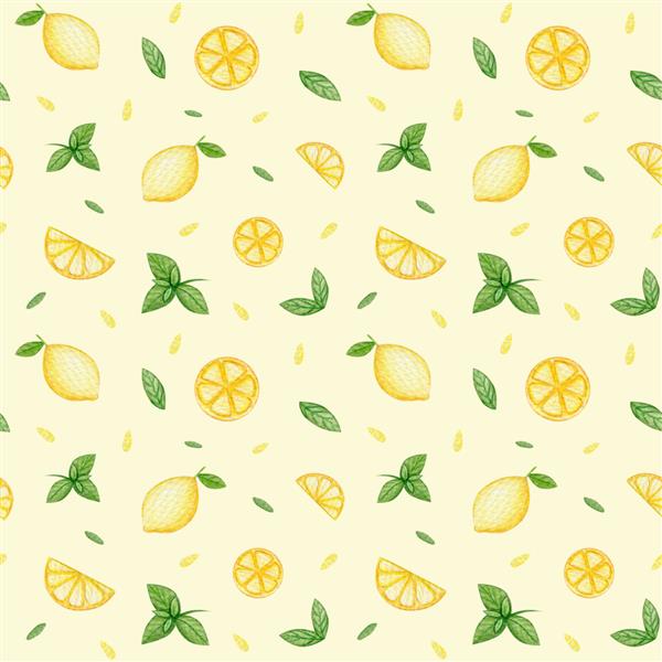 الگوی لیمویی بدون درز آبرنگ دست ناز با میوه ها کشیده شده است